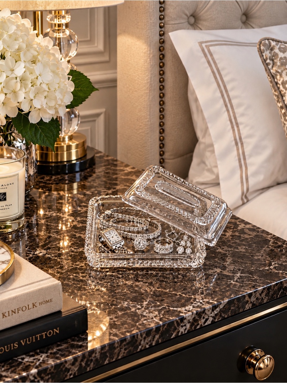 Glass Trinket Jewelry Box - Clear Design with raised Details